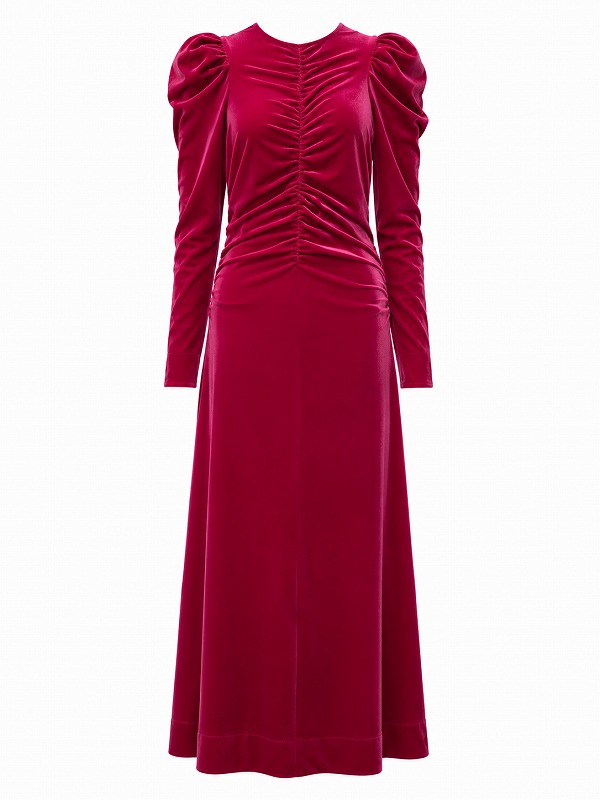 【新品DRESS 3016】フロントギャザーミモレ丈フレアロングドレス ピンク【GANNI】